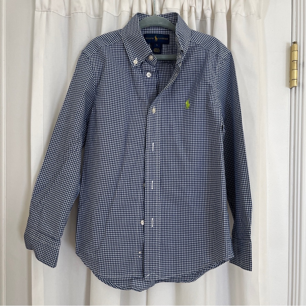 ralph lauren boys size 5 navy plaid button up long sleeve
